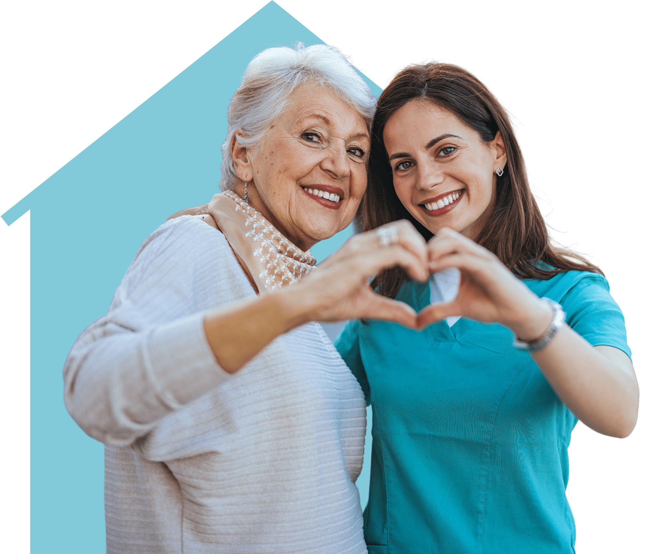 Elderly woman and caregiver making heart shape.